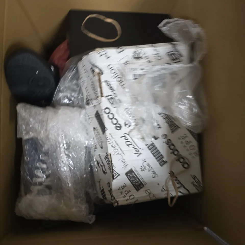 BOX OF APPROXIMATELY 12 PAIRS OF ASSORTED SHOES IN VARIOUS COLOUR, STYLES AND SIZES