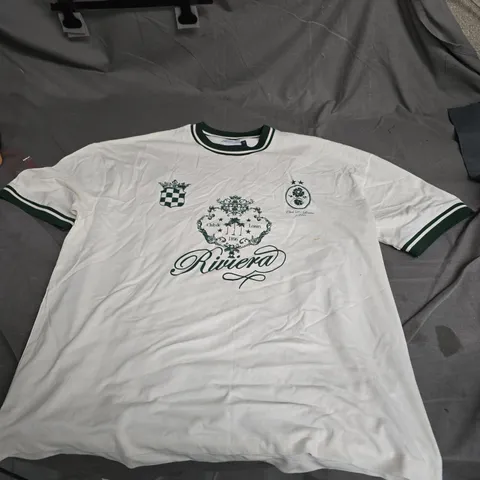 RIVIERA CREST PRINT T-SHIRT – WHITE WITH GREEN TRIM