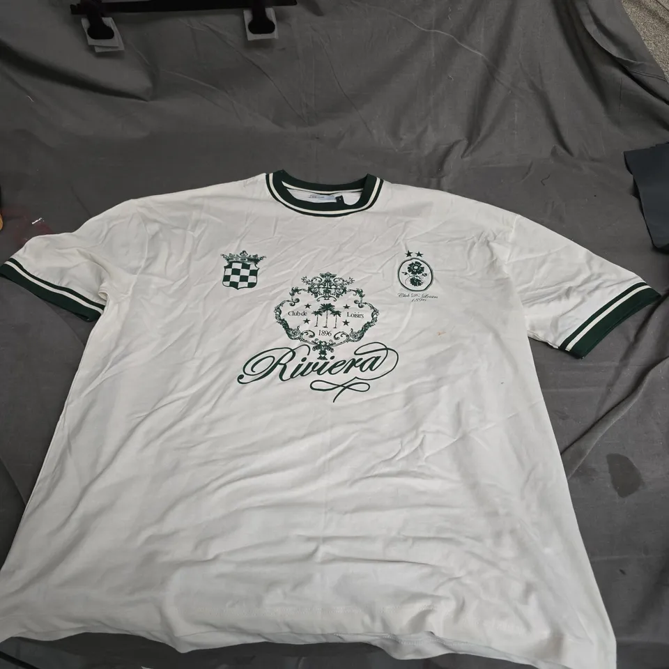 RIVIERA CREST PRINT T-SHIRT – WHITE WITH GREEN TRIM