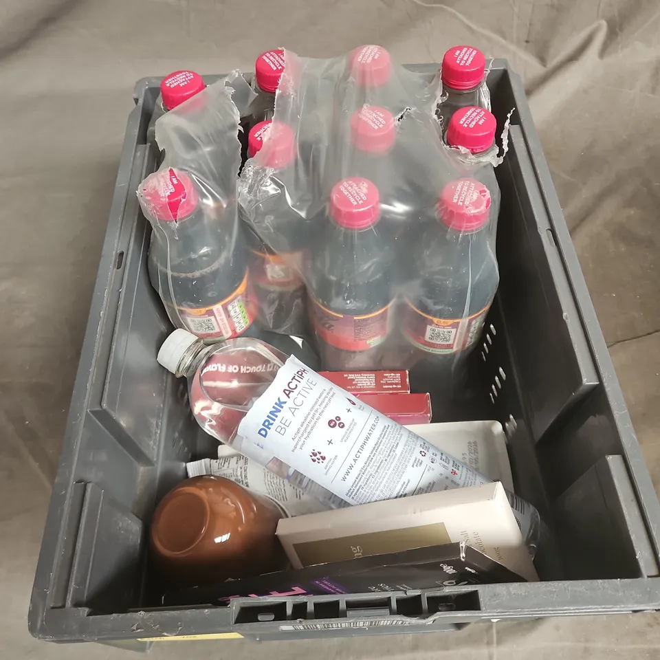 TOTE OF APPROXIMATELY 11 ASSORTED FOOD AND DRINK ITEMS TO INCLUDE CHERRY COCA COLA , DARK CHOCOLATE ,  AIR UP PODS , ETC 