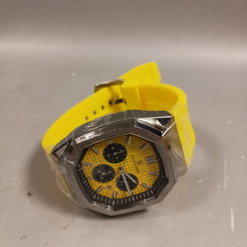 MENS LOUIS LACOMBE CHRONGRAPH WATCH – 3 SUB DIALS – SILVER COLOUR CASE – YELLOW RUBBER STRAP