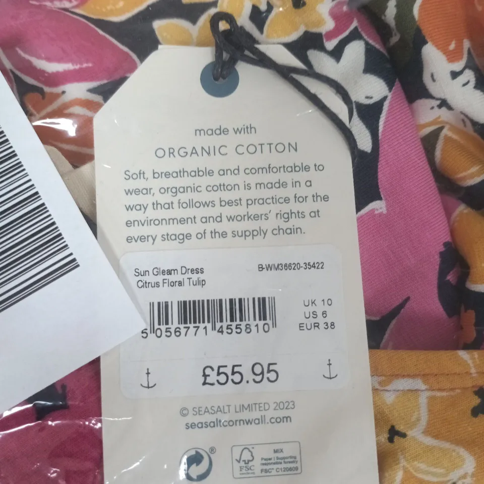 SEASALT SUN GLEAM DRESS – CITRUS FLORAL TULIP, ORGANIC COTTON, UK 10
