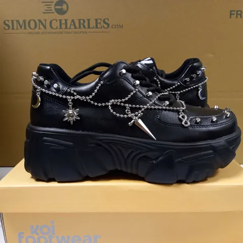 KOI BLACK BLUNT SPIKE/CHAIN DETAILED FLATFORM TRAINERS - SIZE 6