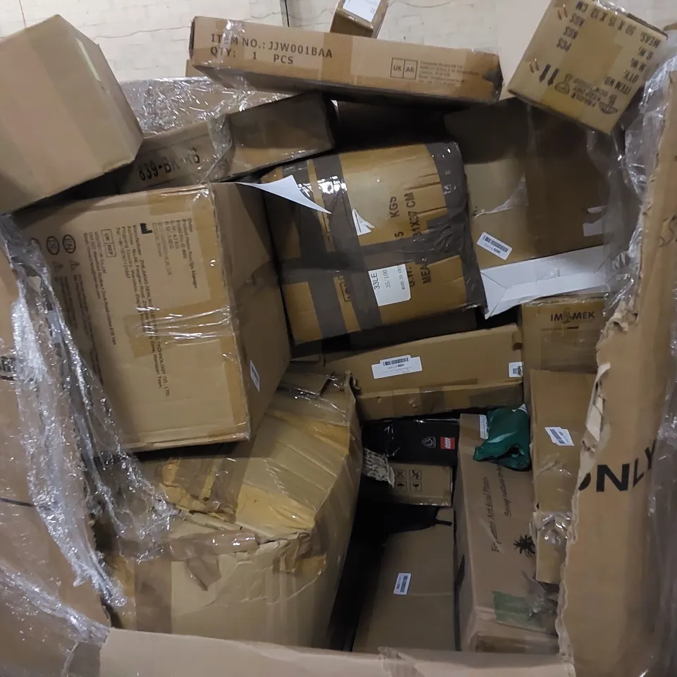 PALLET TO CONTAIN ASSORTED HOUSEHOLD ITEMS AND CONSUMER PRODUCTS. INCLUDING TOYS, FOOT MASSAGERS, DUAL AIR FRYER, STEAM CLEANER, BOXED FURNITURE ETC