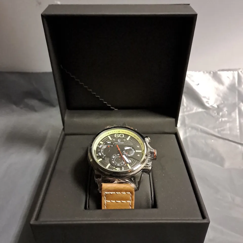 BOXED MENS LOUIS LACOMBE CHRONOGRAPH WATCH 3 SUB DIALS WITH BROWN LEATHER STRAP 