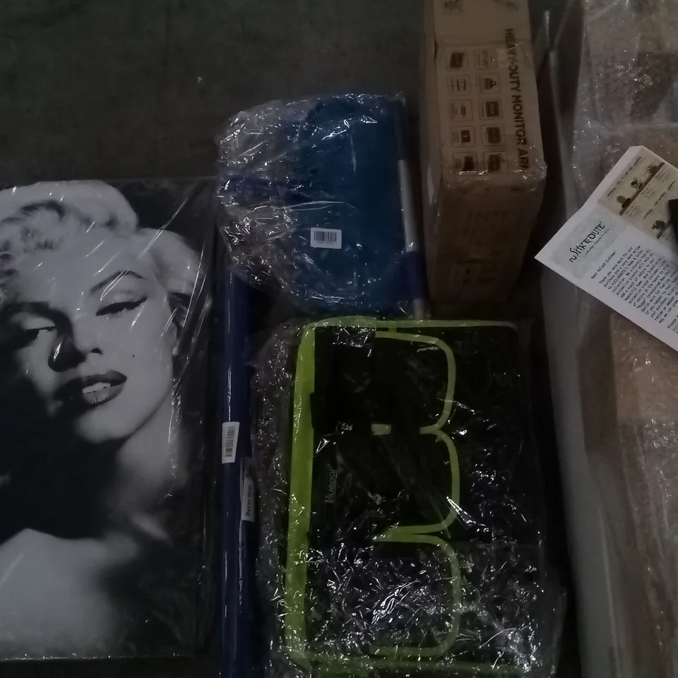 PALLET OF ASSORTED ITEMS TO INCLUDE BOXED WOODEN SHELVING, HEAVY DUTY MONITOR ARM. CANVAS WALL ART AND POOL NETS