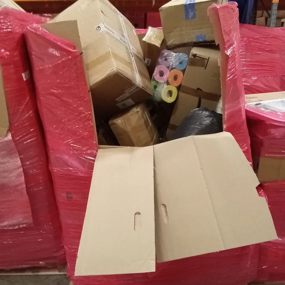 PALLET OF ASSORTED HOUSEHOLD GOODS AND PRODUCTS TO INCLUDE; AIR COOLER, CARPET KICKER TOOL, BOXED FURNITURE ETC 