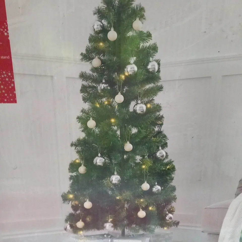 4 BRAND NEW BOXED 5FT POP UP TREE SILVER AND WHITE BAUBLES PRE LIT
