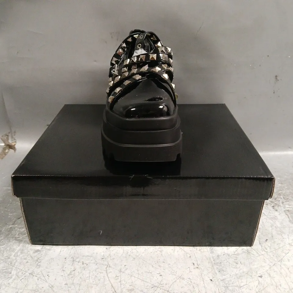 BOXED PAIR OF KOI SIMA STUDDED PLATFORM BALLET SHOES IN BLACK - UK 4