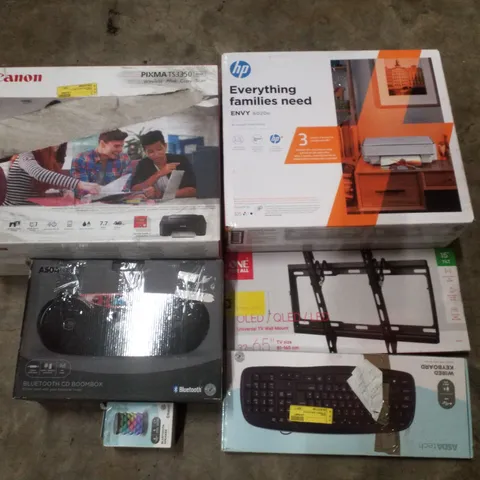 PALLET CONTAINING ASSORTED ELECTRICAL RETURNS INCLUDING HP PRINTER, CANON PIXMA PRINTER, BLUETOOTH BOOMBOX, UNIVERSAL TV WALL MOUNT & KEYBOARD