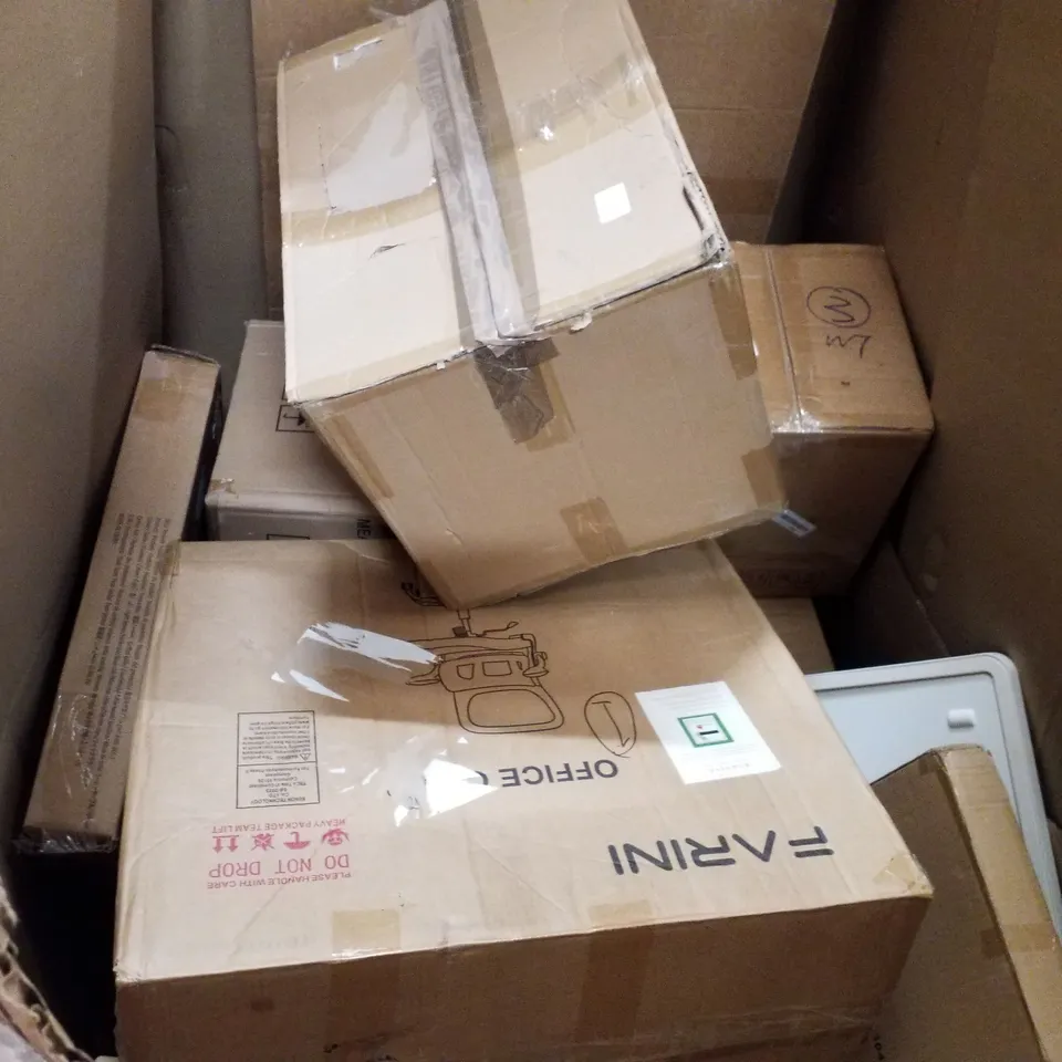 PALLET OF ASSORTED PRODUCTS INCLUDING CARPET WASHER, INDOOR LARGE, OFFICE STOOL, LED CEILING FAN