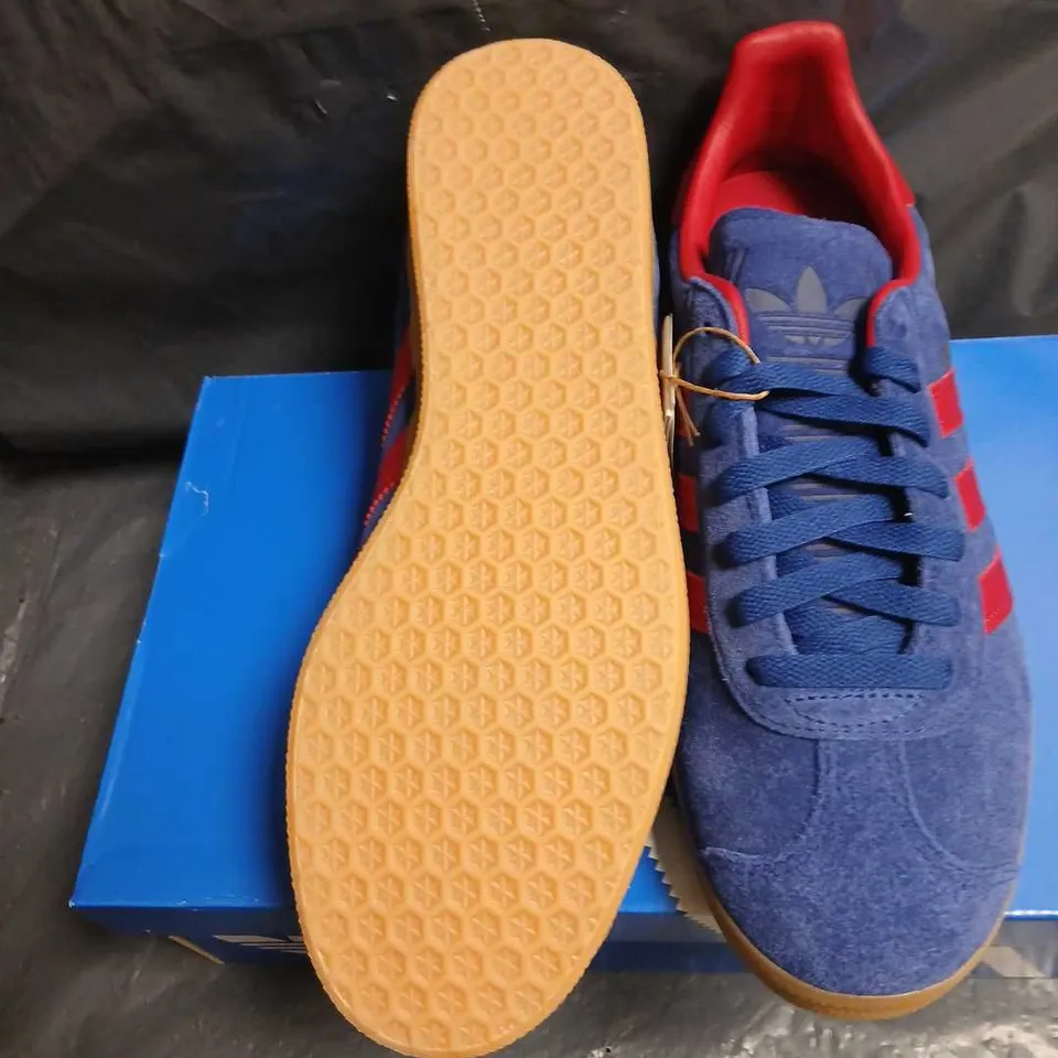 ADIDAS GAZELLE TRAINERS – BLUE SUEDE WITH RED STRIPES UK 7.5 