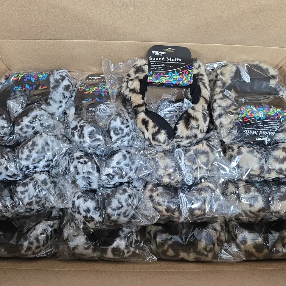 BOX OF APPROXIMATELY 15 MAXIM AUDIO SOUND MUFFS – 2 STYLES OF FUR-TRIMMED EAR HEADPHONES