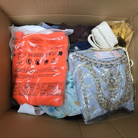 APPROXIMATELY 35 ASSORTED CLOTHING ITEMS IN VARIOUS SIZES, STYLES & COLOURS TO INCLUDE TOPS, DRESSES, JACKETS, ETC - COLLECTION ONLY