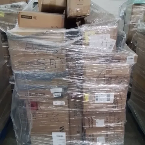 MIXED PALLET OF VARIOUS HOUSEHOLD ITEMS TO INCLUDE: TV STAND, GARMENT RAILS, CUBE STACKING SHELVES ECT.