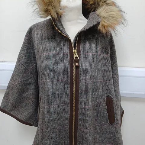 JOULES CONTESSA FAUX FUR TRIMMED COAT IN TWEED SIZE M