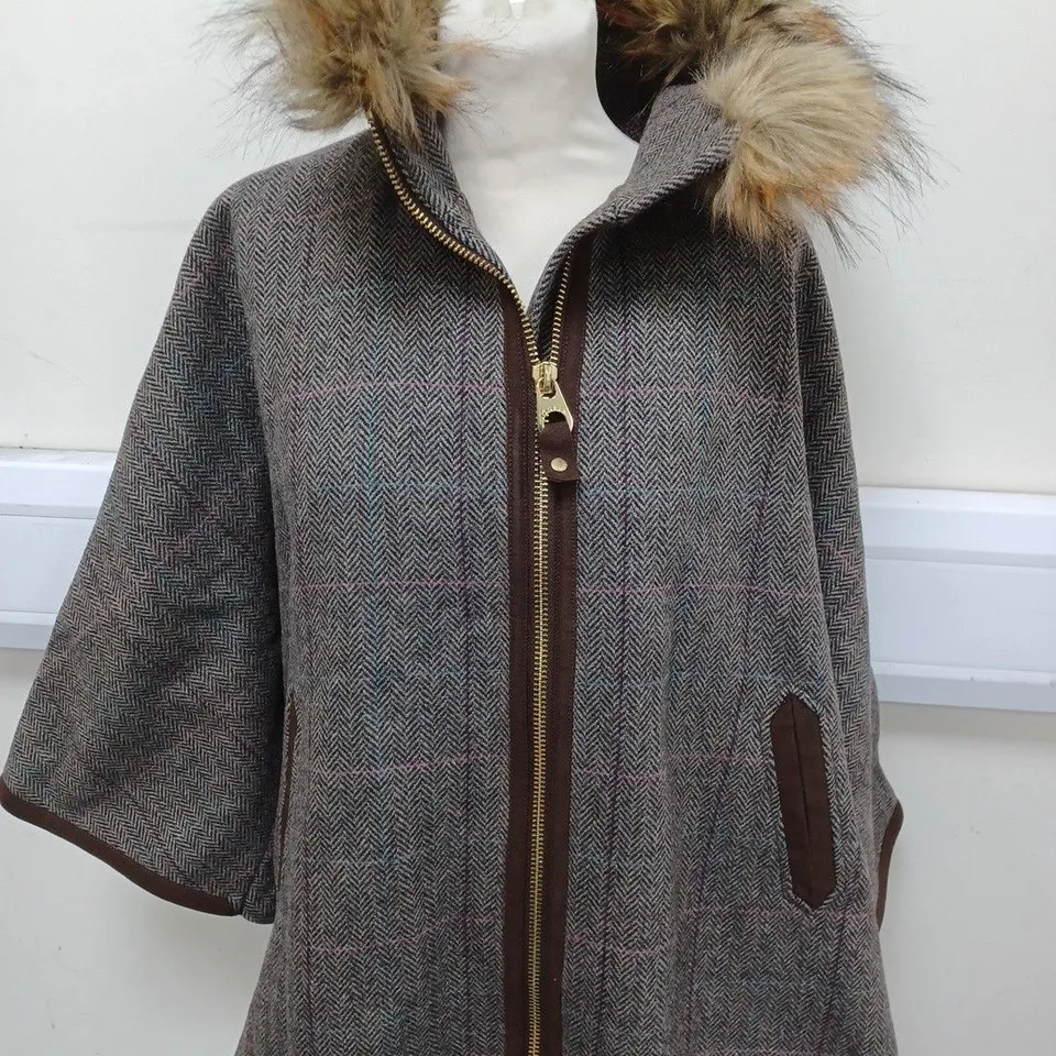 JOULES CONTESSA FAUX FUR TRIMMED COAT IN TWEED SIZE M