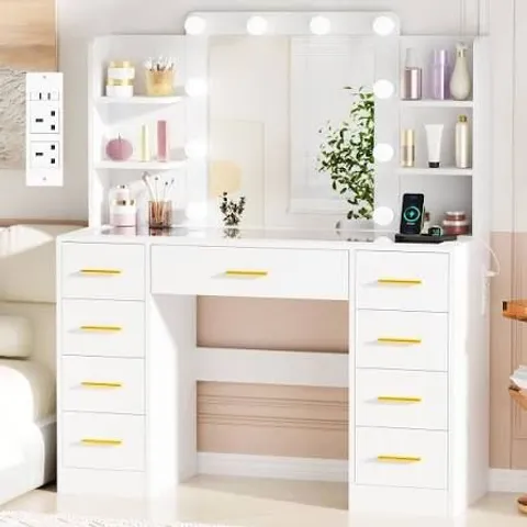 BOXED BEWISHOME DRESSING TABLE WITH MIRROR AND LIGHTS,ADJUSTABLE BRIGHTNESS, VANITY DESK WITH POWER OUTLET AND STOOL,MODERN VANITY TABLE WITH 8 DRAWERS AND 9 STORAGE AREAS,MAKEUP DESK FOR BEDROOM