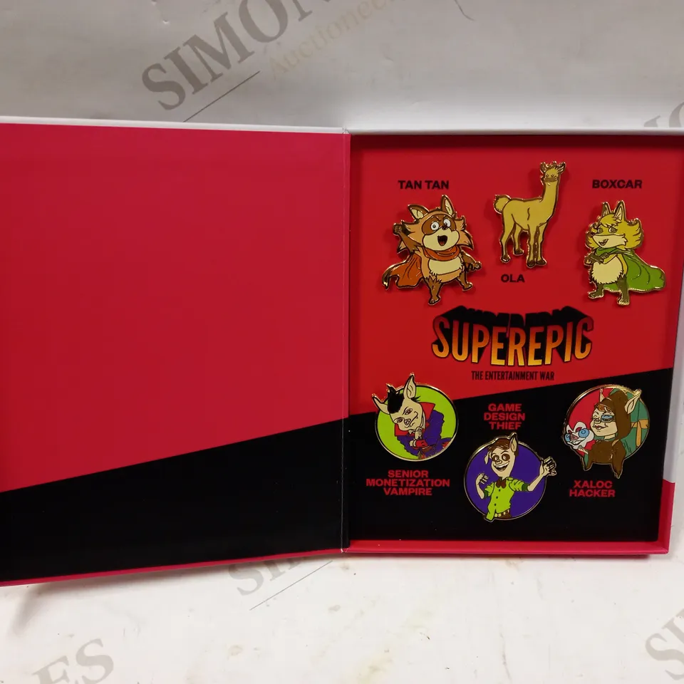 BOX OF APPROXIMATELY 80 SUPEREPIC CHARACTER PIN BADGE SETS 