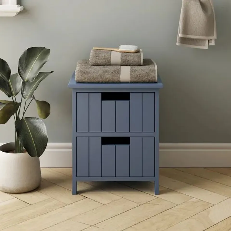 BOXED RONNIE 2 DRAWER BATHROOM STORAGE UNIT - FOLKSTONE BLUE (1 BOX)