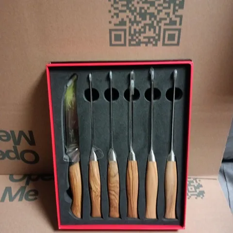 SHANZU SIX-PIECE KNIFE SET WITH WOODEN HANDLES IN RED PRESENTATION BOX
