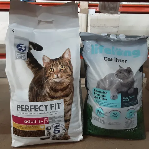 TOTE OF PET SUPPLIES INCLUDING LIFELONG CAT LITTER, PERFECT FIT COMPLETE DRY PET FOOD FOR CATS