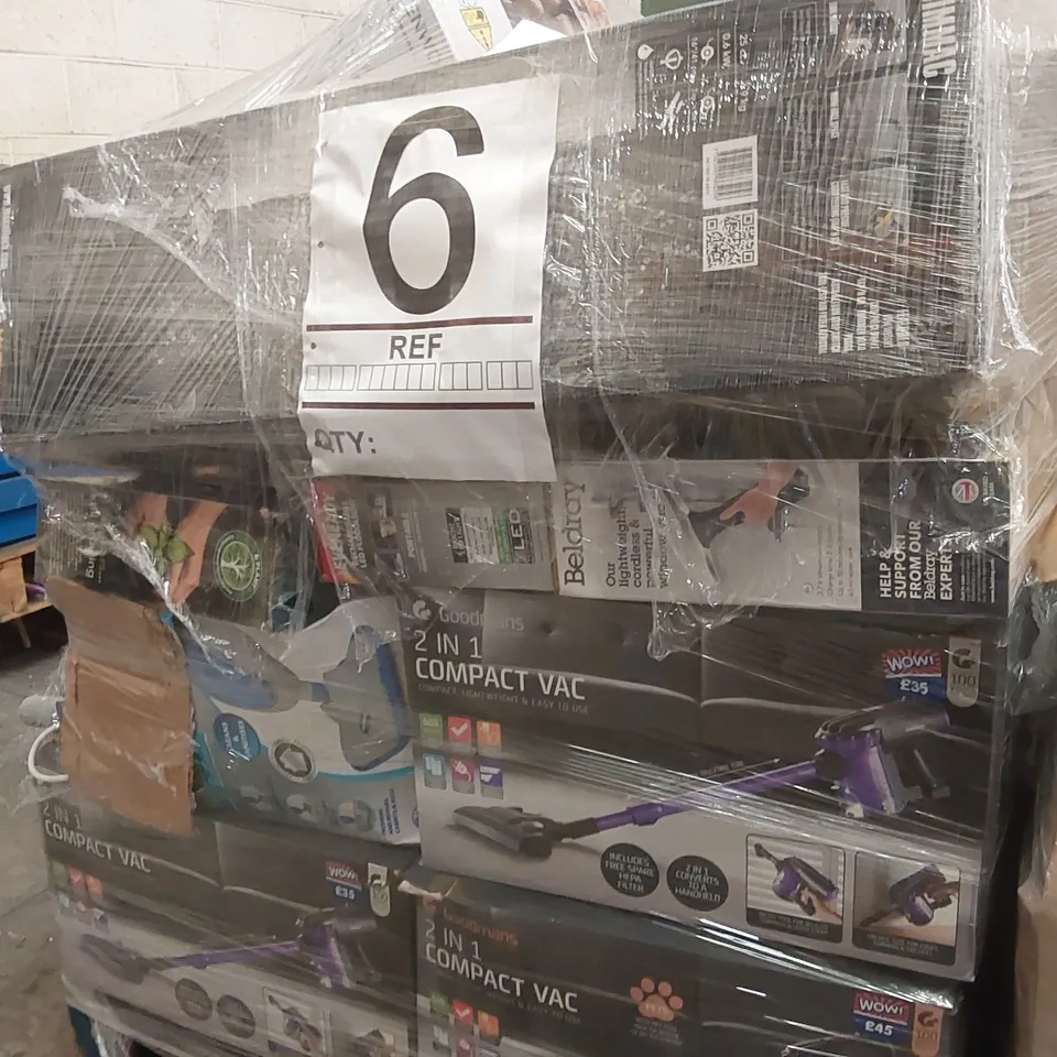 PALLET CONTAINING A LARGE ASSORTMENT OF UNCHECKED ELECTRICAL PRODUCTS INCLUDING: VACUUM CLEANERS, LAVA LAMP, TEFAL IRON, ELECTRIC COOL BOX ECT