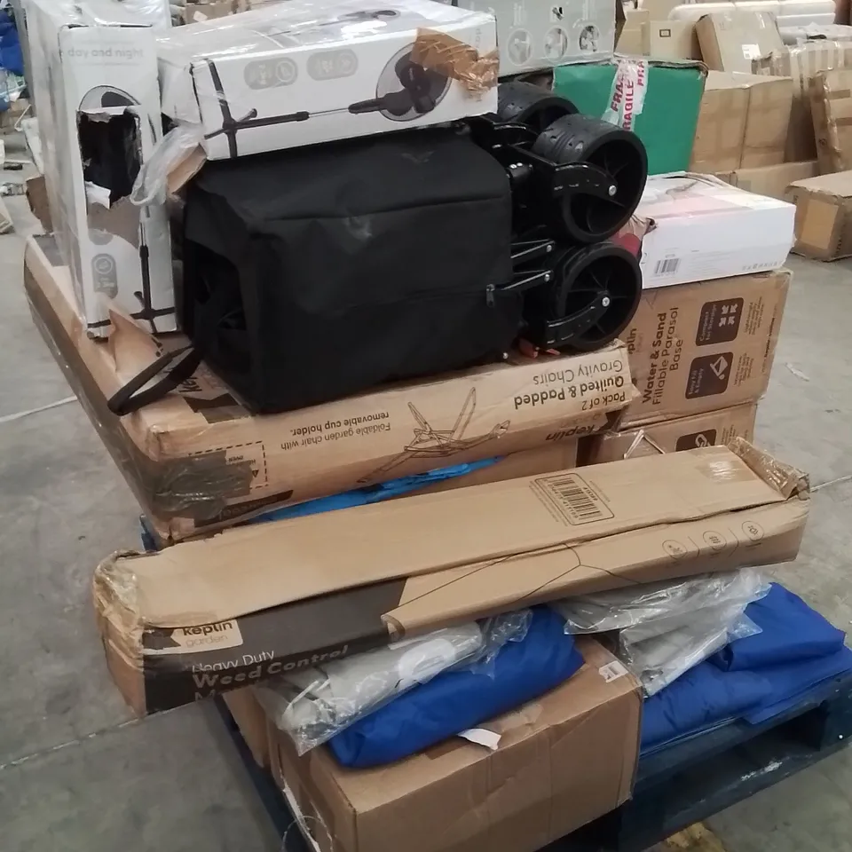 PALLET OF ASSORTED HOUSEHOLD GOODS AND PRODUCTS TO INCLUDE;FAN,PARASOL BASE,GRAVITY CHAIRS,CAMPING WAGON 
