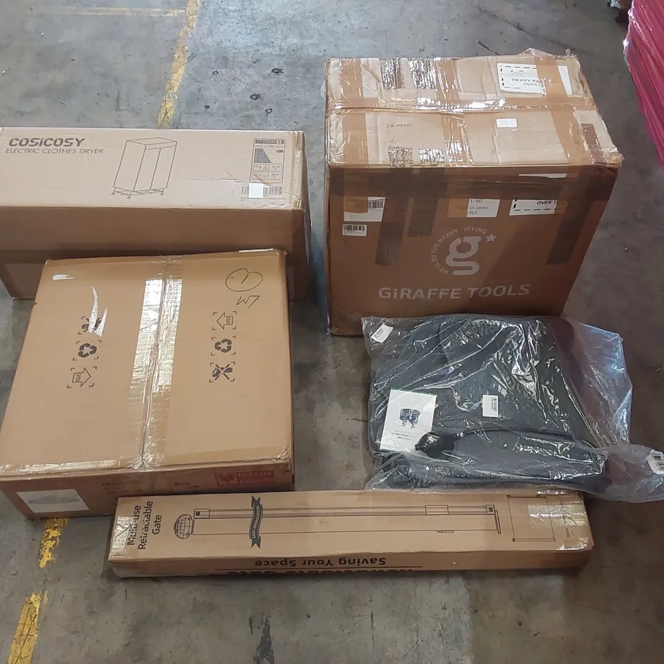 PALLET OF ASSORTED ITEMS INCLUDING: INFLATABLE THORACOLUMBAR BRACE, ELECTRIC CLOTHES DRYER, CEILING LIGHT, RETRACTABLE GATE ECT