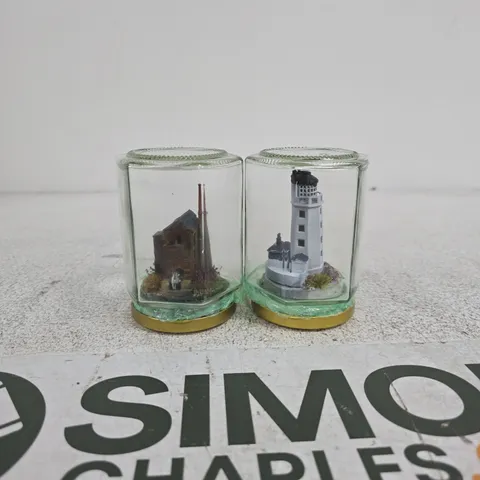 TWO GLASS DISPLAY JARS WITH MINIATURE COASTAL LIGHTHOUSE & RUIN DIORAMAS