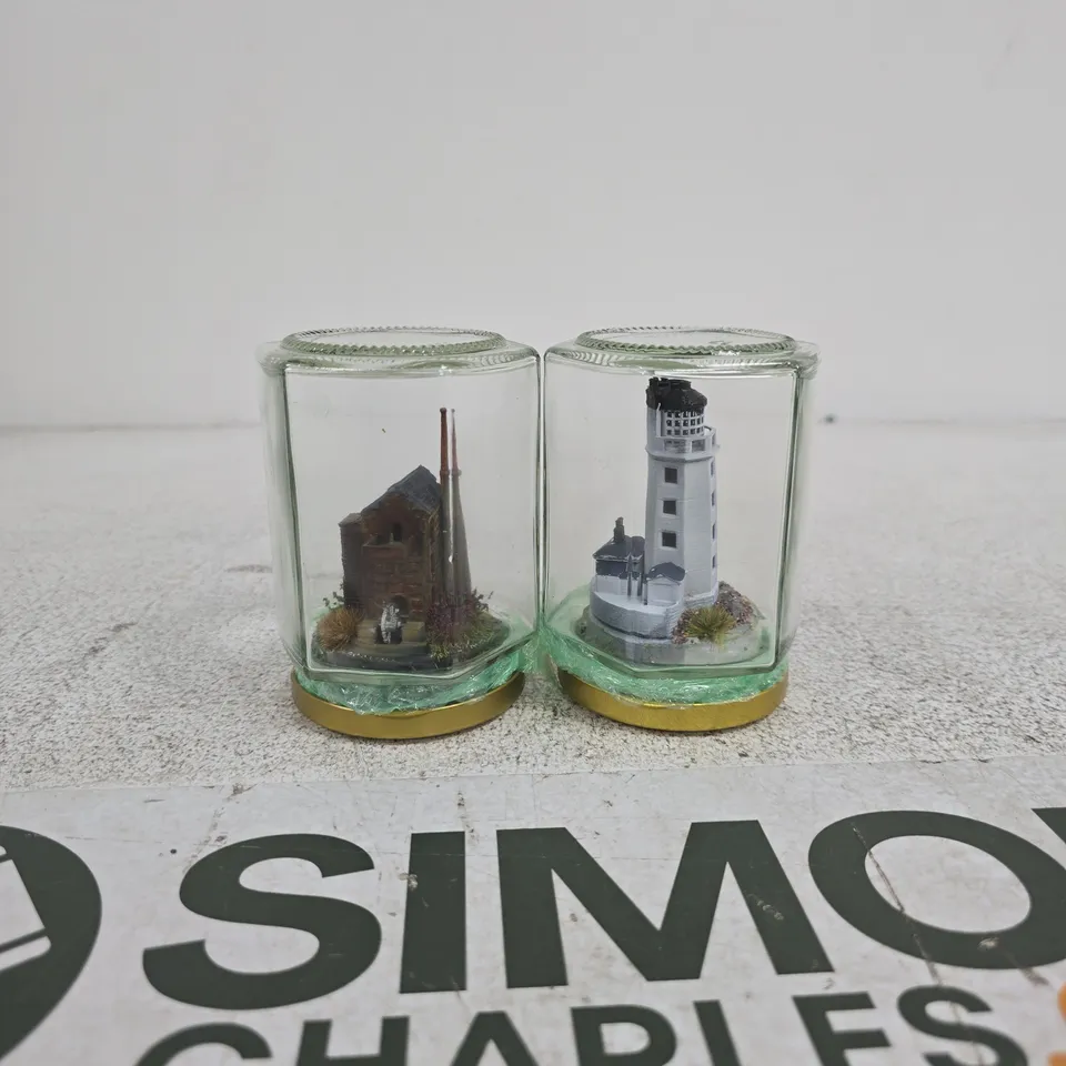 TWO GLASS DISPLAY JARS WITH MINIATURE COASTAL LIGHTHOUSE & RUIN DIORAMAS