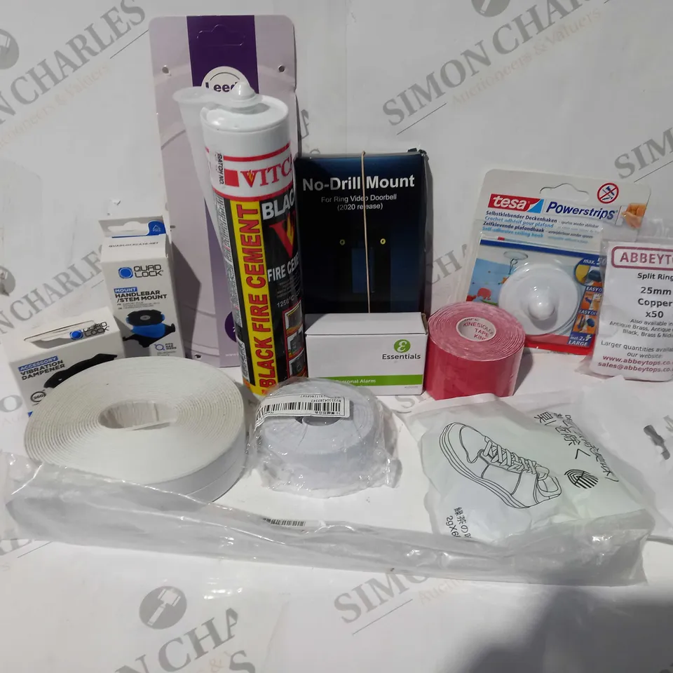 APPROXIMATELY 30 ASSORTED HOUSEHOLD ITEMS TO INCLUDE BLACK FIRE CEMENT, NO-DRIL MOUNT FOR DOORBELL, VIBRATON DAMPNER, ETC