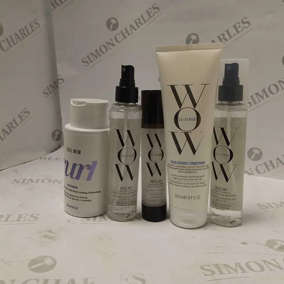 LOT OF 5 WOW PRODUCTS TO INCLUDE SPEED DRY BLOW DRY SPARY, COLOUR SECURITY CONDITIONER, POP&LOCK HIGH GLOSS FINISH, ETC 