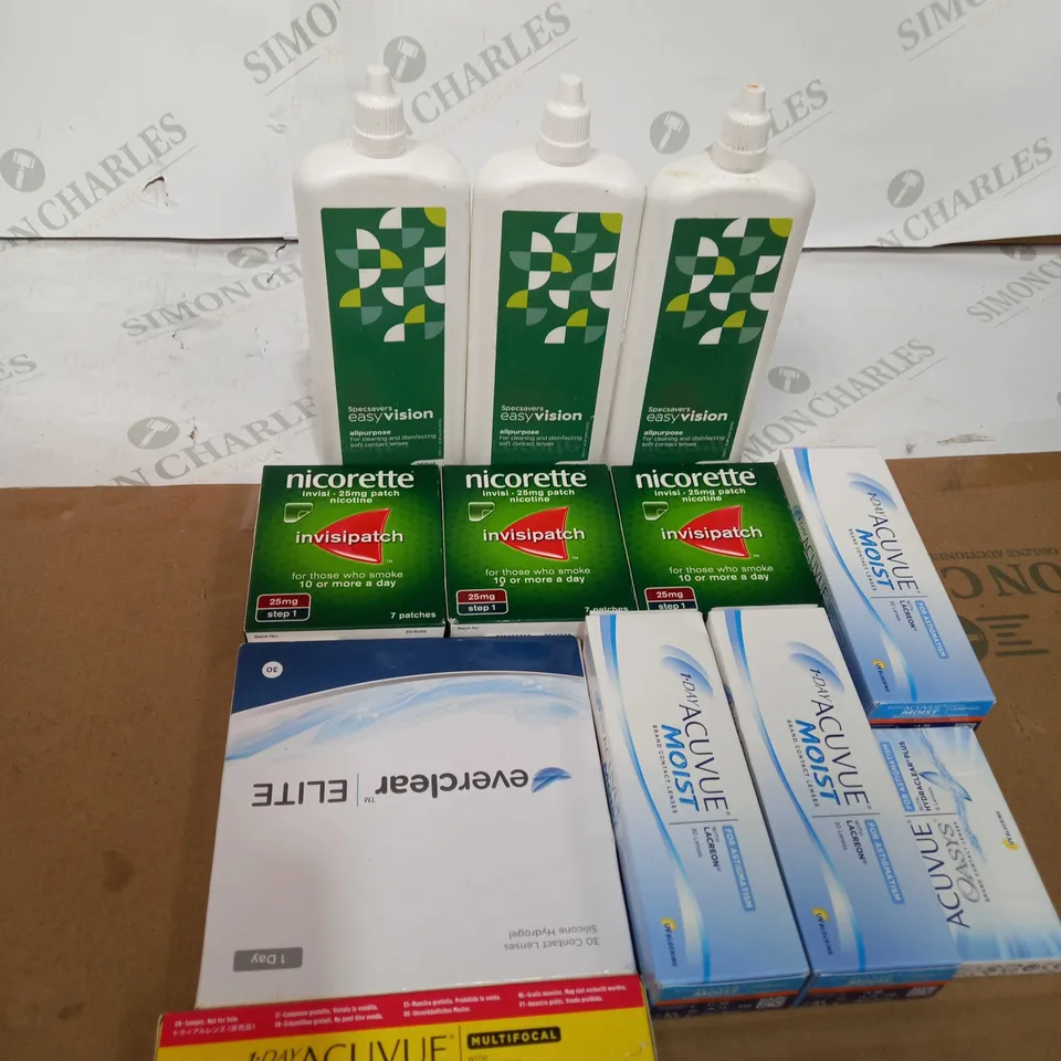 BOX OF ASSORTED MEDICAL APPLIANCES TOO INCLUDE NICORETTE PATRCHES , EYE LENSES AND EYE DROPS 