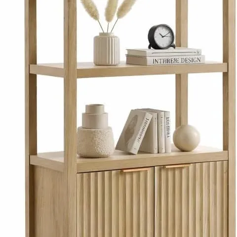 BOXED OAKHAM HOME OXFORD BOOKSHELF, TALL BOOK SHELF WITH DOORS CABINET, 5-TIER BOOKCASE, WOODEN BOOKSHELVES WITH FLUTED PANEL, LARGE BOOKCASES WITH STORAGE