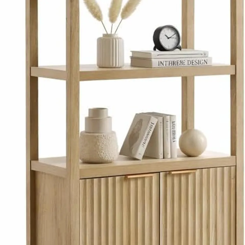 BOXED OAKHAM HOME OXFORD BOOKSHELF, TALL BOOK SHELF WITH DOORS CABINET, 5-TIER BOOKCASE, WOODEN BOOKSHELVES WITH FLUTED PANEL, LARGE BOOKCASES WITH STORAGE