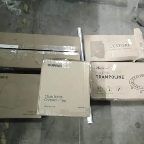 PALLET OF ASSORTED ITEMS INCLUDING MOVTOTOP FOLDING TRAMPOLINE, ACCSTORE FABRIC WARDROBE, STOREMIC TOILET SEAT, DUPRAY STEAM CLEANER, USA POSTER, MERDIA GUN CASE