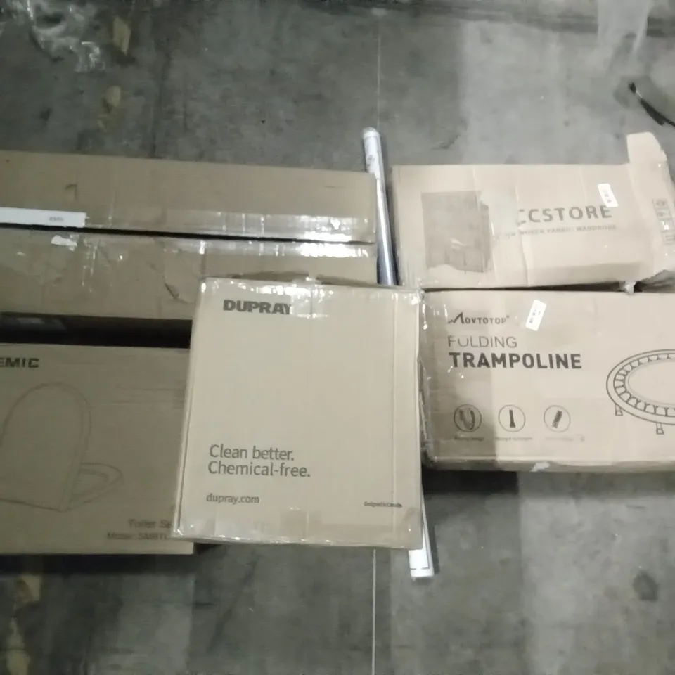 PALLET OF ASSORTED ITEMS INCLUDING MOVTOTOP FOLDING TRAMPOLINE, ACCSTORE FABRIC WARDROBE, STOREMIC TOILET SEAT, DUPRAY STEAM CLEANER, USA POSTER, MERDIA GUN CASE
