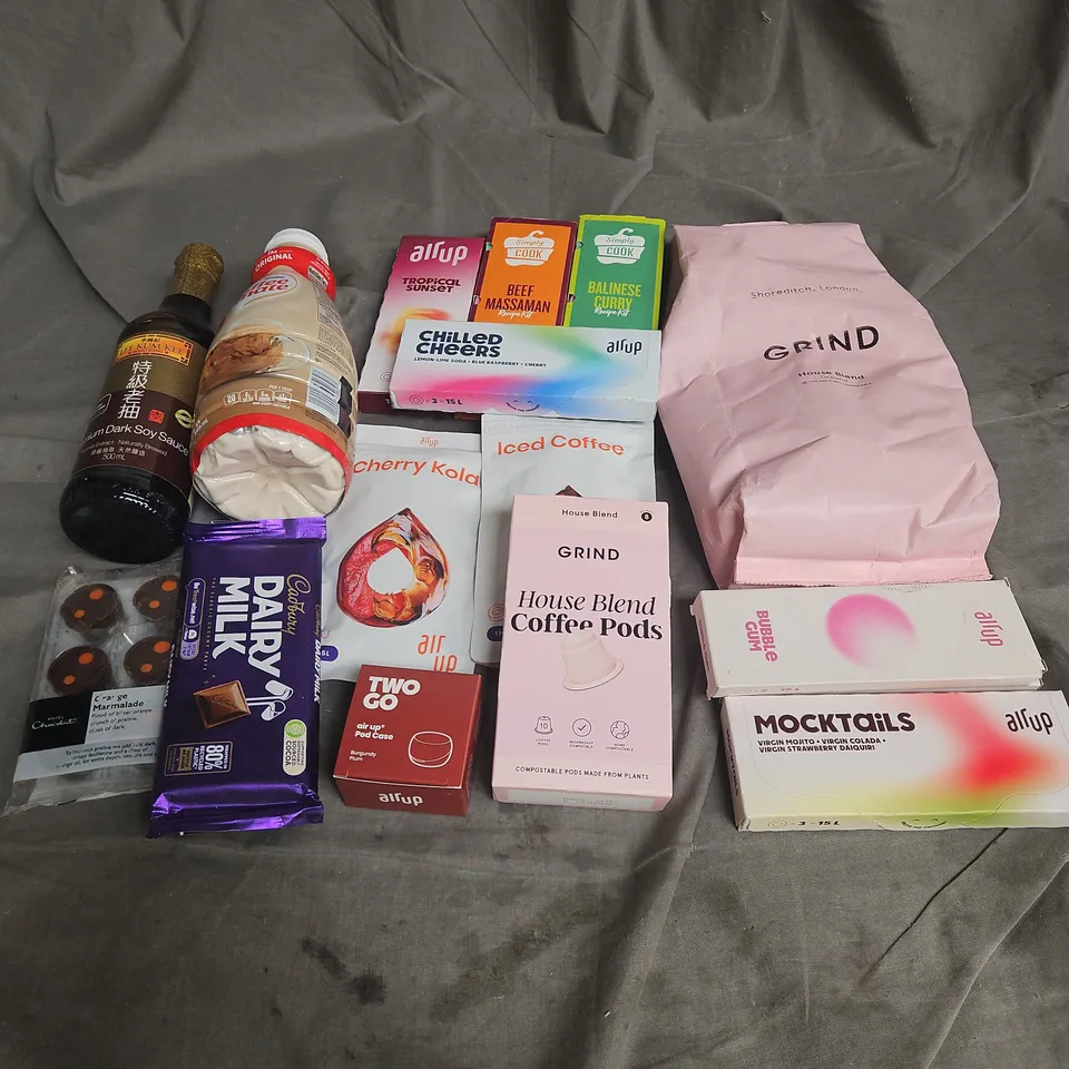 APPROXIMATELY 15 ASSORTED FOOD ITEMS TO INCLUDE - AIRUP PODS, CADBURY DAIRY MILK, GRIND COFEE, ETC - COLLECTION ONLY