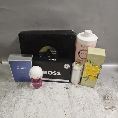 BOX OF APPROXIMATELY 20 ASSORTED COSMETIC ITEMS TO INCLUDE - BOSS FRAGRANCE SET - JAGUA EAU DE TOILETTE - REVLON MAGNET ULTIMATE POST-TECHNICAL SHAMPOO - ETC