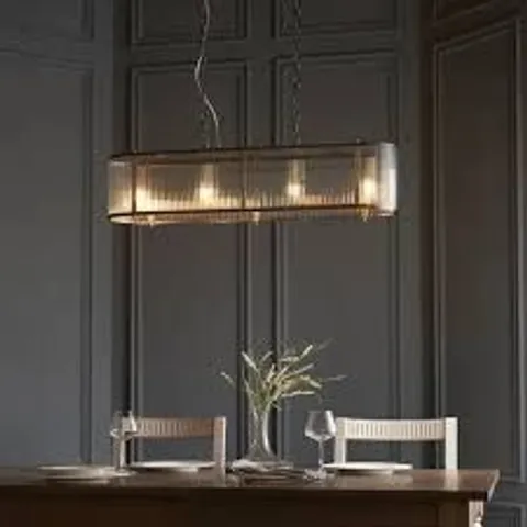 BOXED ENDON RIDGETON 4 LIGHTLINEAR PENDANT ANTIQUE BRASS & CLEAR GLASS