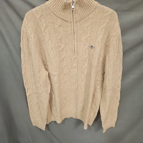 GANT BEIGE CABLE-KNIT ZIP-NECK JUMPER, SIZE L