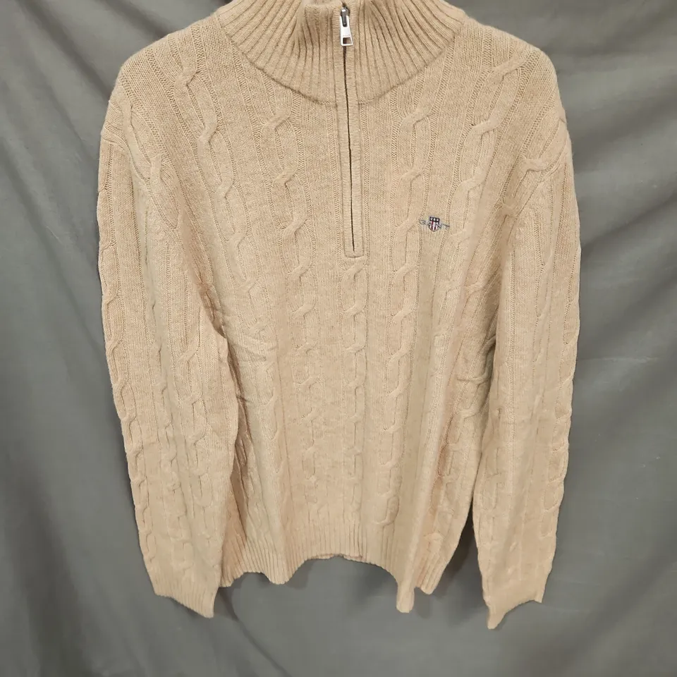 GANT BEIGE CABLE-KNIT ZIP-NECK JUMPER, SIZE L