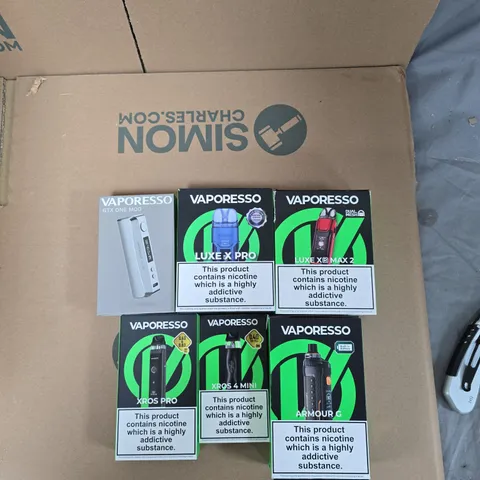 BOX OF APPROXIMATELY 30 ASSORTED E-CIGARETTES AND ACCOMPANIMENTS TO INCLUDE: VARIOUS VAPORESSO PRODUCTS 
