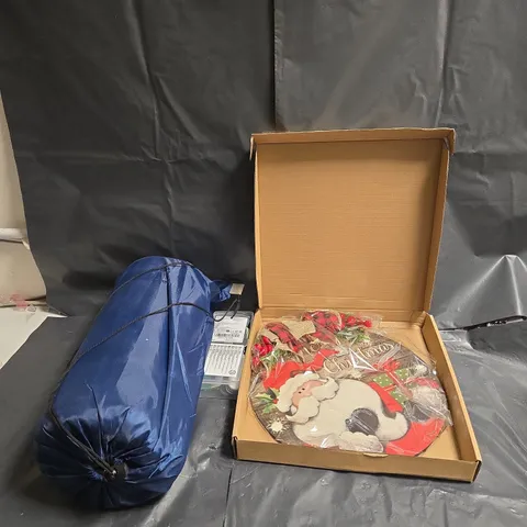 APPROXIMATELY 15 ASSORTED ITEMS TO INCLUDE FESTIVE DÉCOR SIGNS, PICNIC BLANKET, TOOL SET, ETC