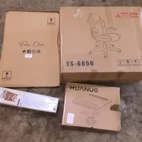 PALLET OF ASSORTED PRODUCTS INCLUDING OFFICE CHAIR, FABIAN CLARKE PHOTO FRAMES, HUANUO LAP DESK, BOOT RACK, BED RAIL GUARD