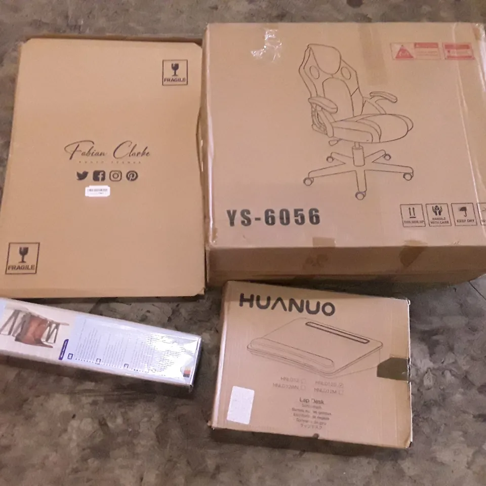 PALLET OF ASSORTED PRODUCTS INCLUDING OFFICE CHAIR, FABIAN CLARKE PHOTO FRAMES, HUANUO LAP DESK, BOOT RACK, BED RAIL GUARD  
