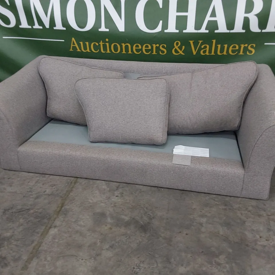 THREE SEATER SOFA FRAME WITH MATCHING BUT ODD SIZED BACK CUSHIONS