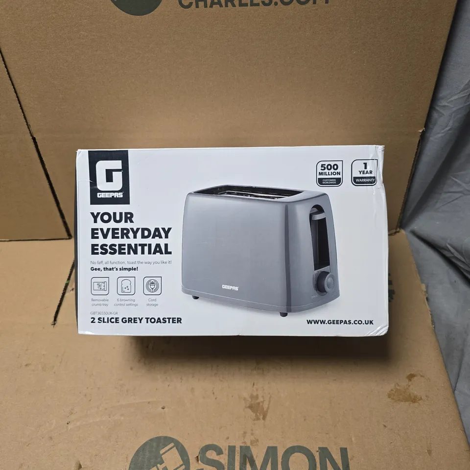 GEEPAS 2 SLICE GREY TOASTER BOXED