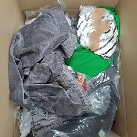 BOX OF APPROX. 50 ASSORTED CLOTHING VARYING IN SIZE/COLOUR/STYLE TO INCLUDE: TOPS, TROUSERS, JUMPERS